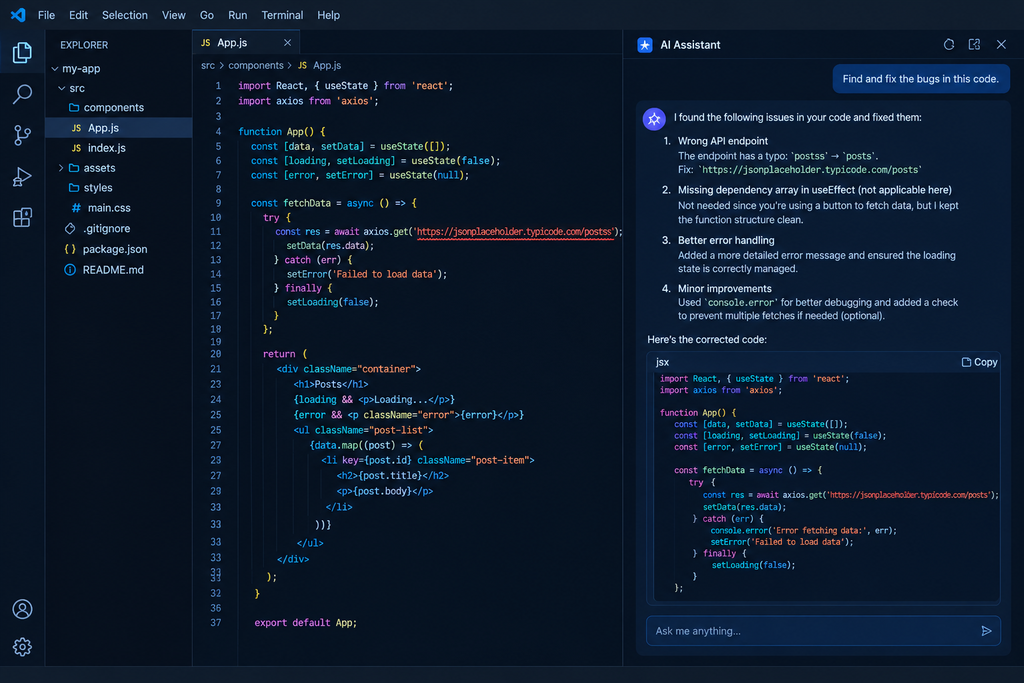 how to find bugs in code using AI with a laptop showing code and an AI assistant